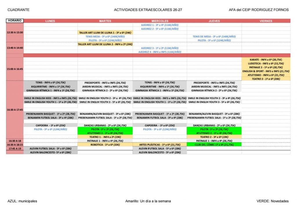 Horarios Extraescolares